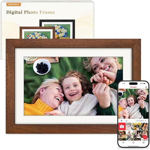 Frameo Digitaler Bilderrahmen WLAN 10.1 Zoll Walnussholz Elektronischer Bilderrahmen mit 32GB, 1280 * 800 HD IPS Touchscreen, Fotos/Videos Teilen über Frameo APP, Geschenk für Männer und Frauen