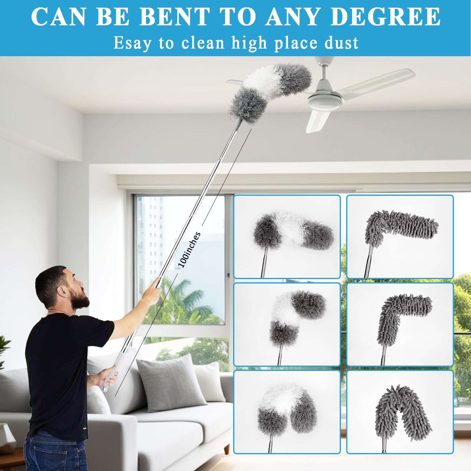 Kit de plumero de microfibra de 27 piezas con poste de extensión de 30 a 100 pulgadas y trapeador limpiador de pared, lavable y flexible para limpiar ventiladores de techo, techos altos,