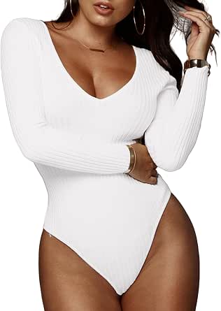 MANGOPOP Women's Deep V Neck Bodysuit - Stretchy Long Sleeve Top In Black, White, Red - View #2