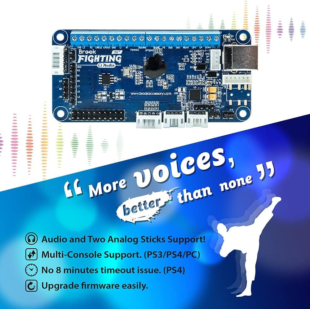 Brook PS4+ Audio Fighting Board - Pre-Installed Header Version, Arcade Stick PCB for PS4, PS3, NS Consoles and PC, Upgradable with UFB-UP5