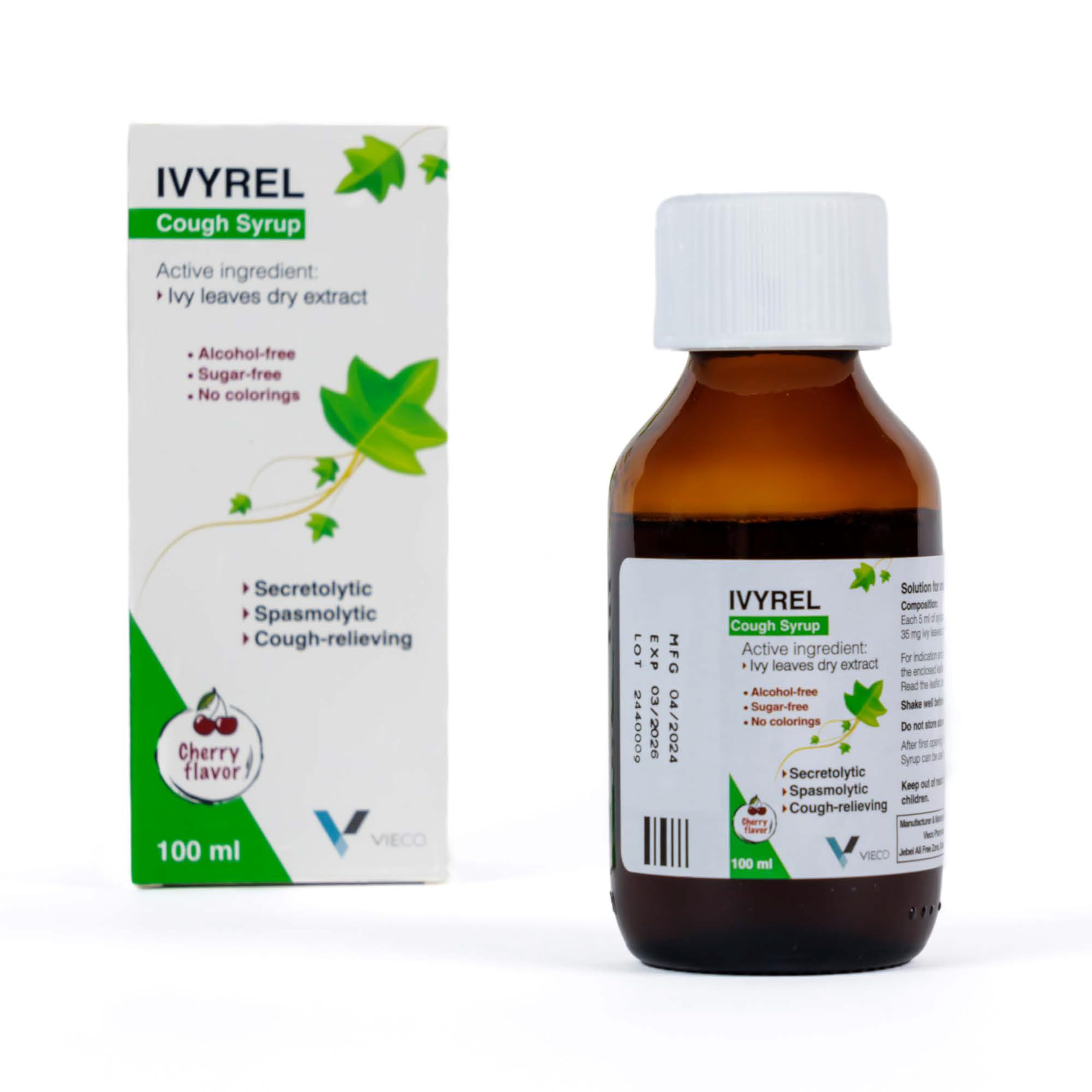 VIECOIVYREL Cough Syrup - Fast Relief, Harmless Preservative, Sugar-Free, alcohol-Free, No Coloring, Cherry Flavor, All Ages