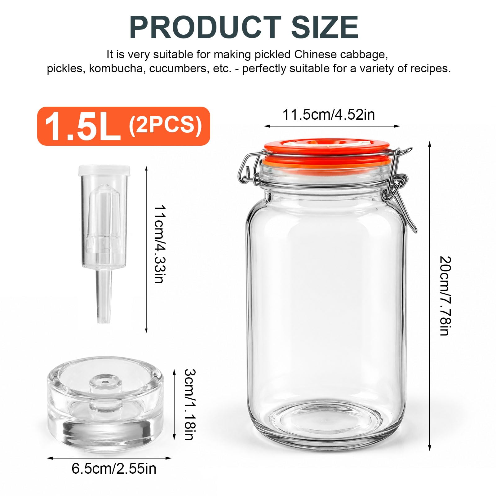 Bocguy 2 barattoli per fermentazione, con peso e fermentazione, per crauti, kimchi, kombucha e sottaceti (1,5 l)