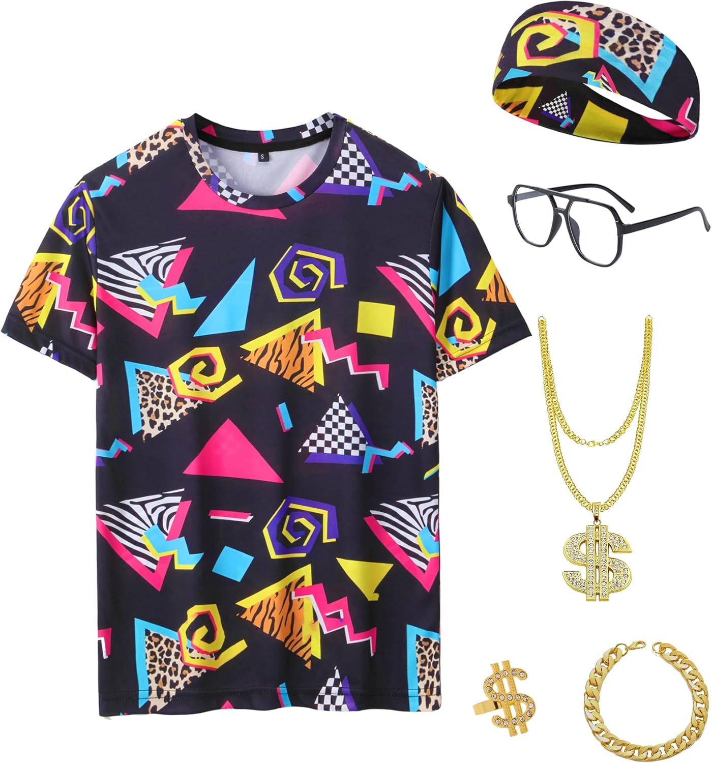 Mens 80s 90s Outfits 6 Pcs Hip Hop Costumes Accessories Colorful T Shirt Set for Theme Party