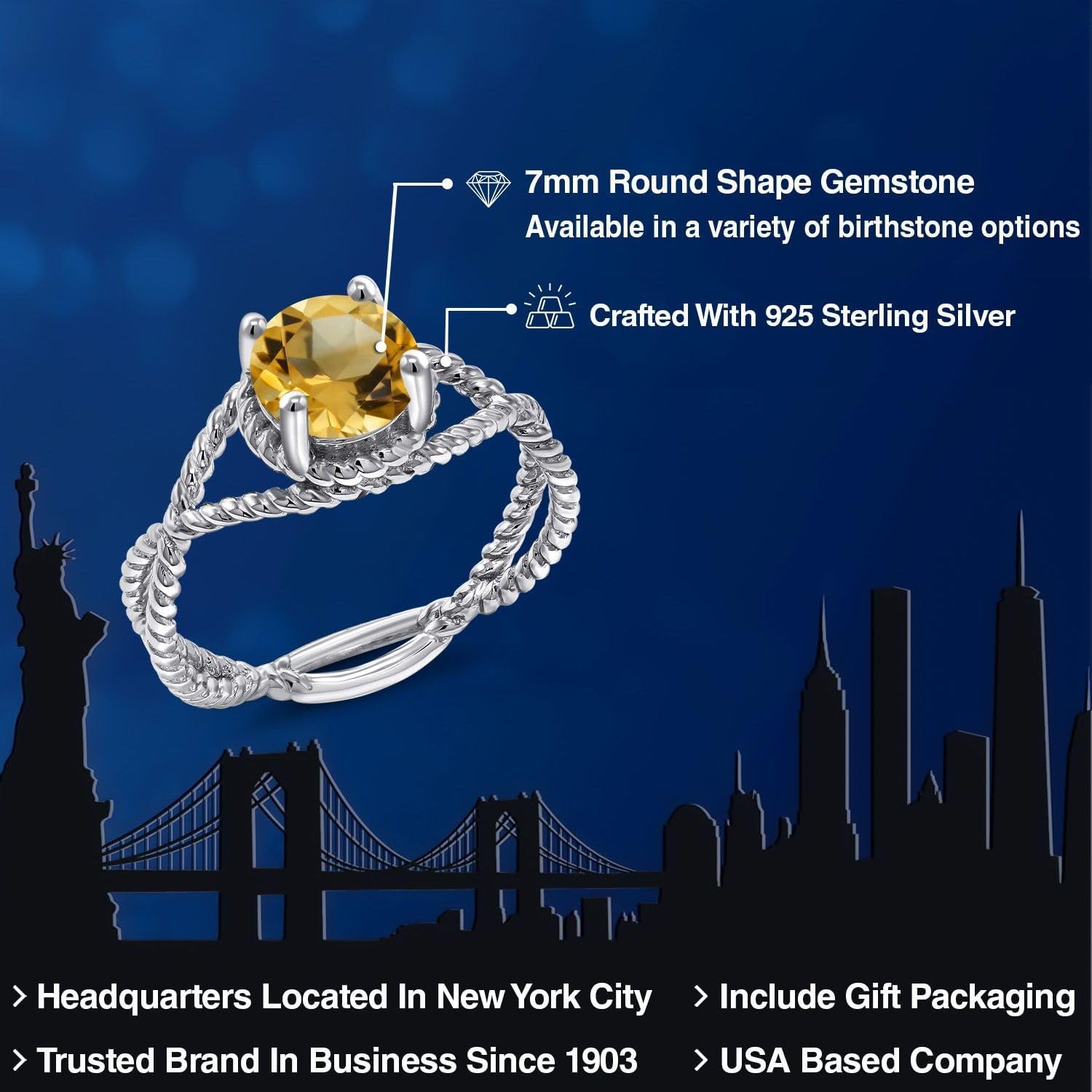 Gem Stone King 7MM Round Gemstone Birthstone Solitaire Ring for Women | Twisted Rope Band in 925 Sterling Silver | Available in Sizes 5, 6, 7, 8, 9 - Image 2