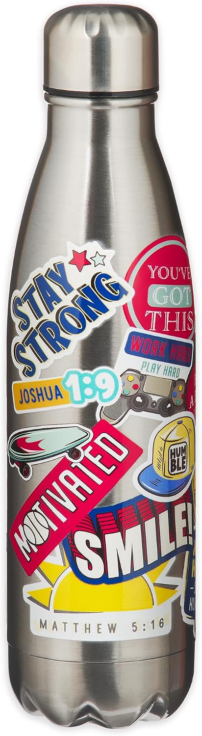 Christian Art Gifts Stainless Steel Double Wall Vacuum Sealed Insulated Water Bottle for Kids: Stay Strong Colorful Inspirational Bible Verses, Boys & Girls, Leak/Spill-proof, Silver Multicolor, 17 oz
