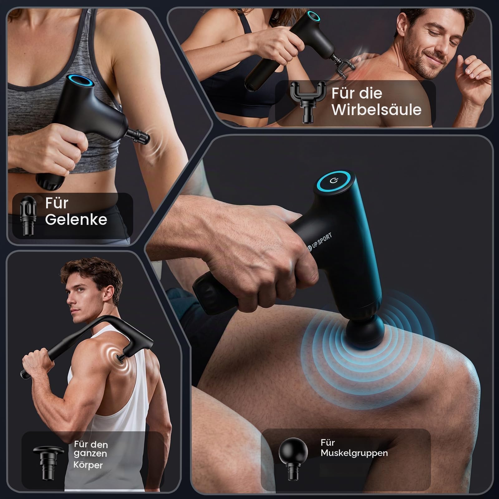 Massagepistole Rücken mit 50cm Verlängerung zur Selbstmassage Gun | 7kg Kraft Turbo Perkussion Deep Tissue Massagegerät für Muskelentspannung, 4 Stufen 4 Köpfe USB-C Laden Handmassagegerät
