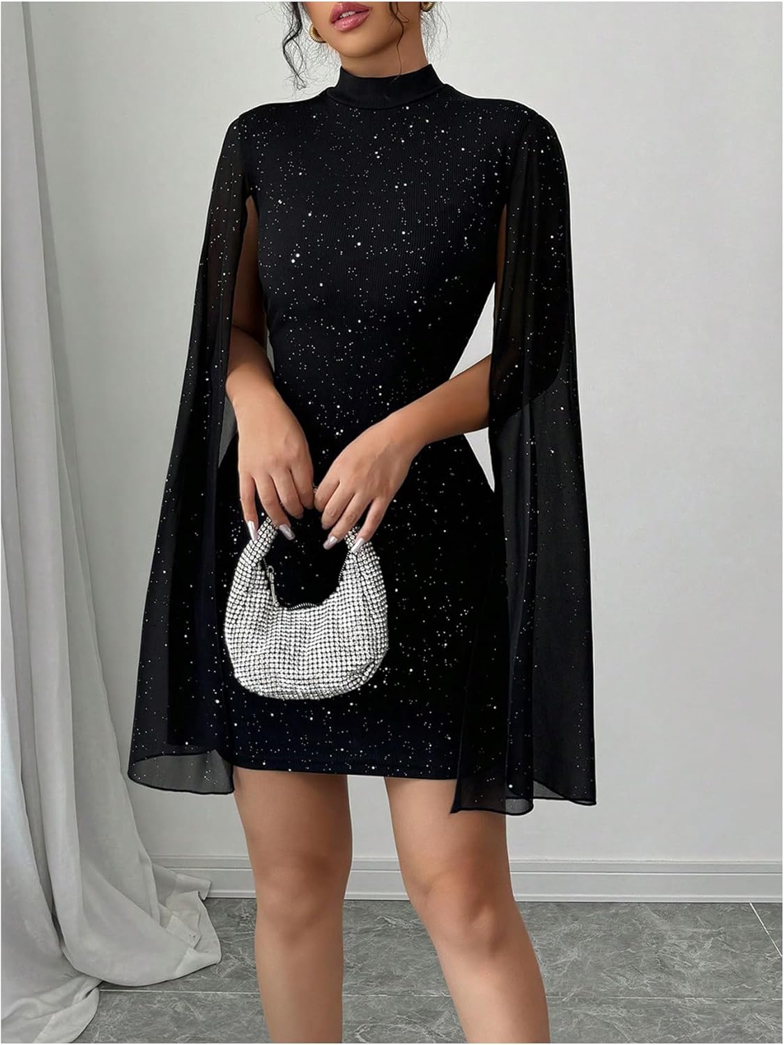SOLY HUX Women's Sparkly Glitter Bodycon Mini Dress Sequin Long Bell Sleeve Mock Neck Prom Cocktail Party Dresses - Image 5