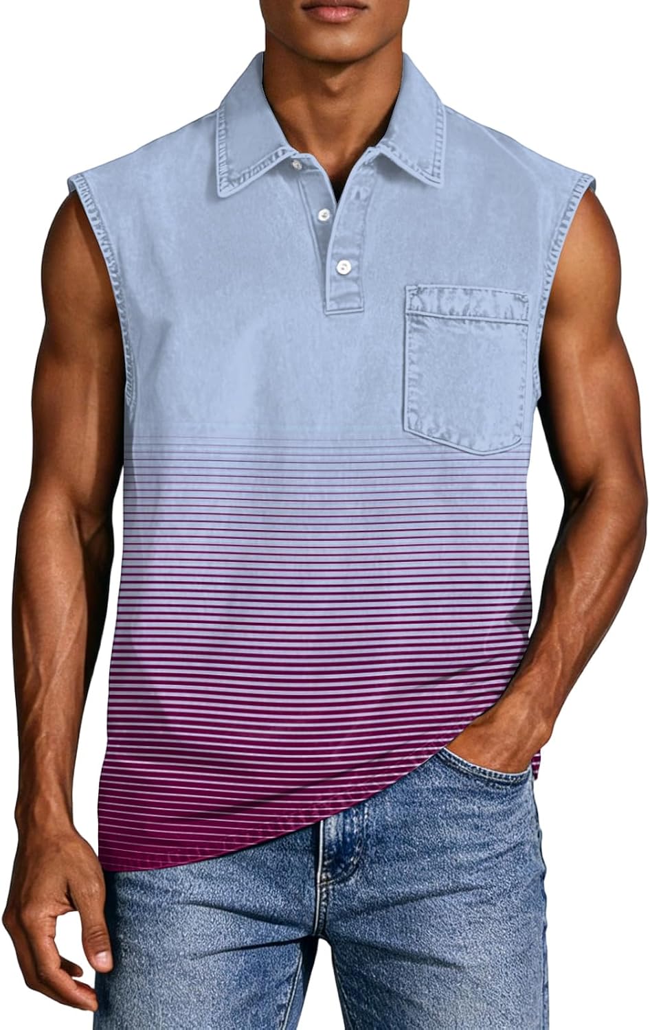 WENKOMG1 Men's Casual Tank Tops Sleeveless Gradient Color Workout Gym Bodybuilding Fitness Muscle Polo Shirt, S-4XL
