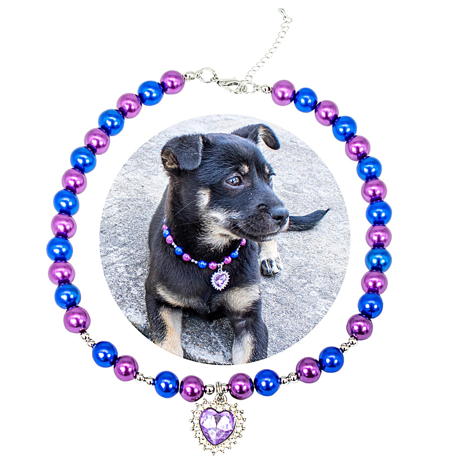 SM4BED Dog Cat Collar Pearl Necklace, Purple and Blue Beads with Shiny Rhinestone Diamond Pendant and Silver Beads, Adjustable Puppy Jewelry for Medium Large Pet, L 14IN