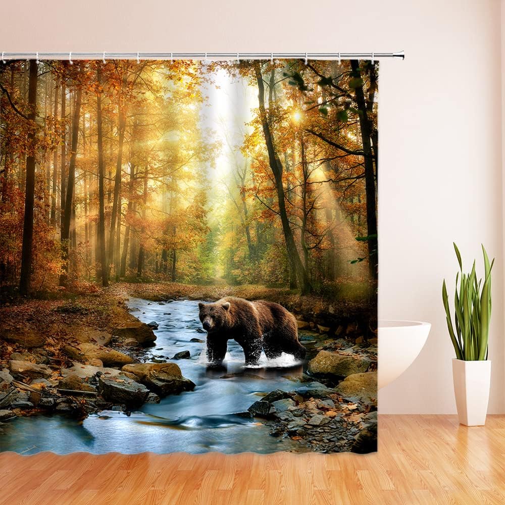 Rustic Bear Shower Curtain Farmhouse Lake Cabin Fall Autumn Forest Natural Scenery Outdoor Animals Hunting Wildlife Camping Vintage Country Lodge Decor Fabric Bathroom Curtain with Hook