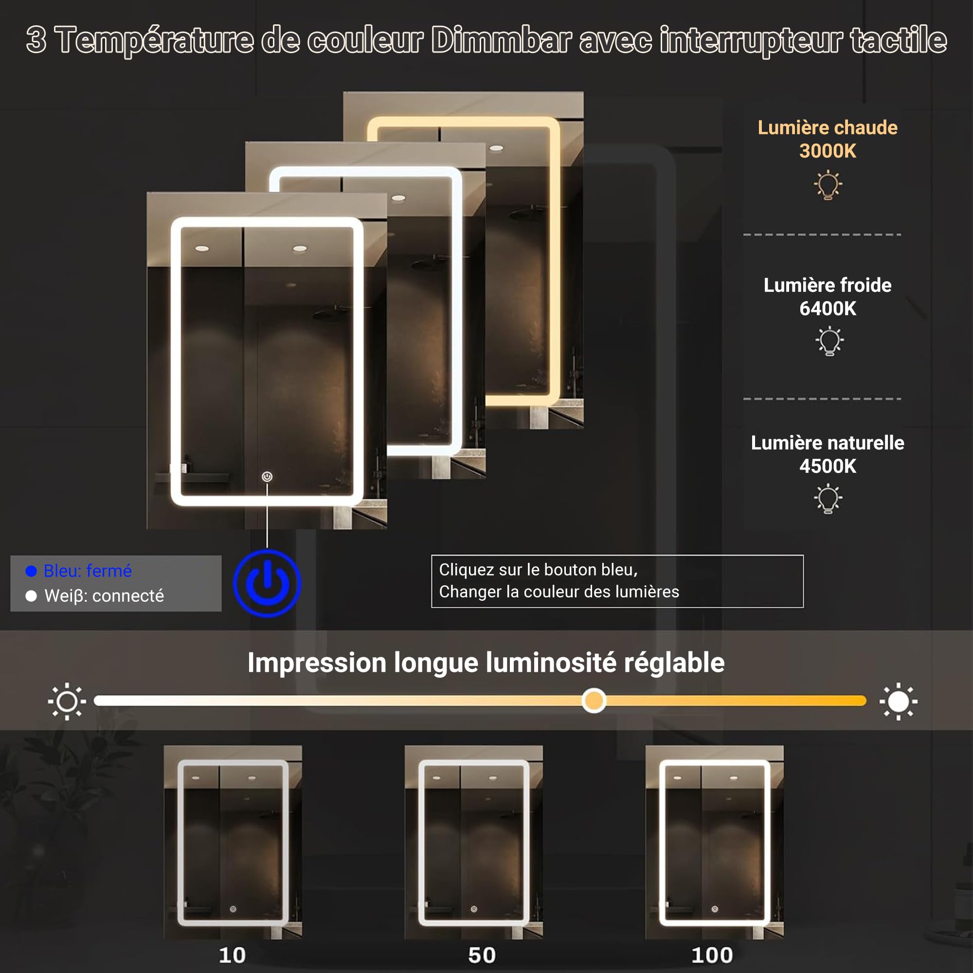 Fofetbfo Armadietto a specchio da bagno con illuminazione, 50 x 14 x 70 cm, con porta singola, con specchio e spazio aperto, specchio da bagno, interruttore touch, 3 colori di luce regolabili, per