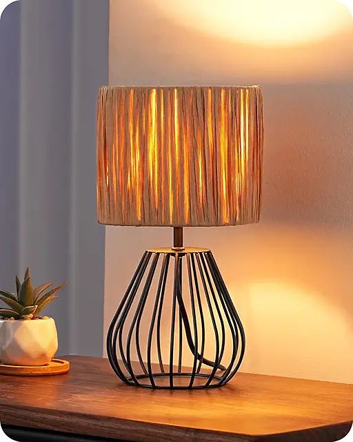 EDISHINE Small Rattan Table Lamp with Handwoven Shade, Industrial Style, LED Bulb Included
