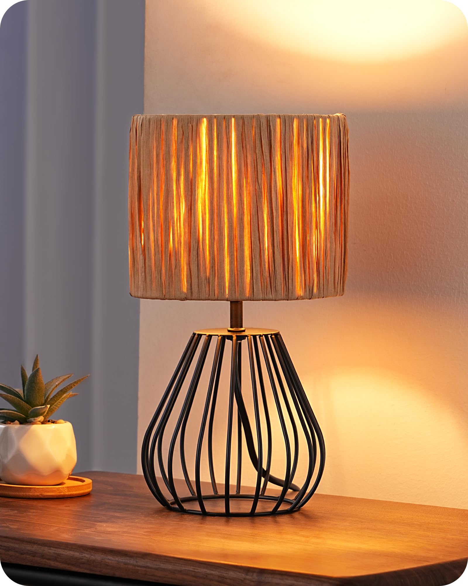 EDISHINE Tischlampe Wohnzimmer, Boho Tischleuchte mit gewebtem Papierseil-Schirm in Metallgitter-Optik, E14 Nachttischlampe Vintage für Schlafzimmer, 29 cm, inkl. 4W LED-Leuchtmittel, Schwarz