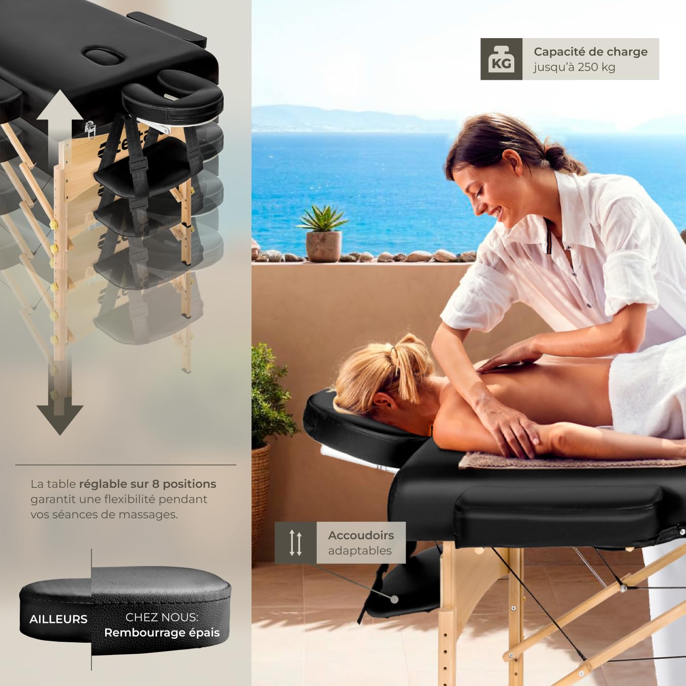 tectake® Table de Massage Pliante Professionnelle 3 Zones Ergonomique Massage et Relaxation Bois Table Esthetique Professionnel Lit de Massage Portable, Accessoires & Housse de Transport - Noir