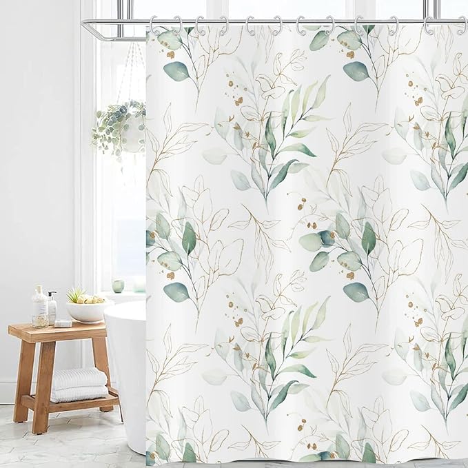 Eucalyptus Leaf Shower Curtains, Weighted Bottom Sage Green Watercolor Botanical Plants with Gold Branches Spring Fabric Bathroom Curtain Waterproof Washable 12 Hooks,72''x72'' (GCI-9915)