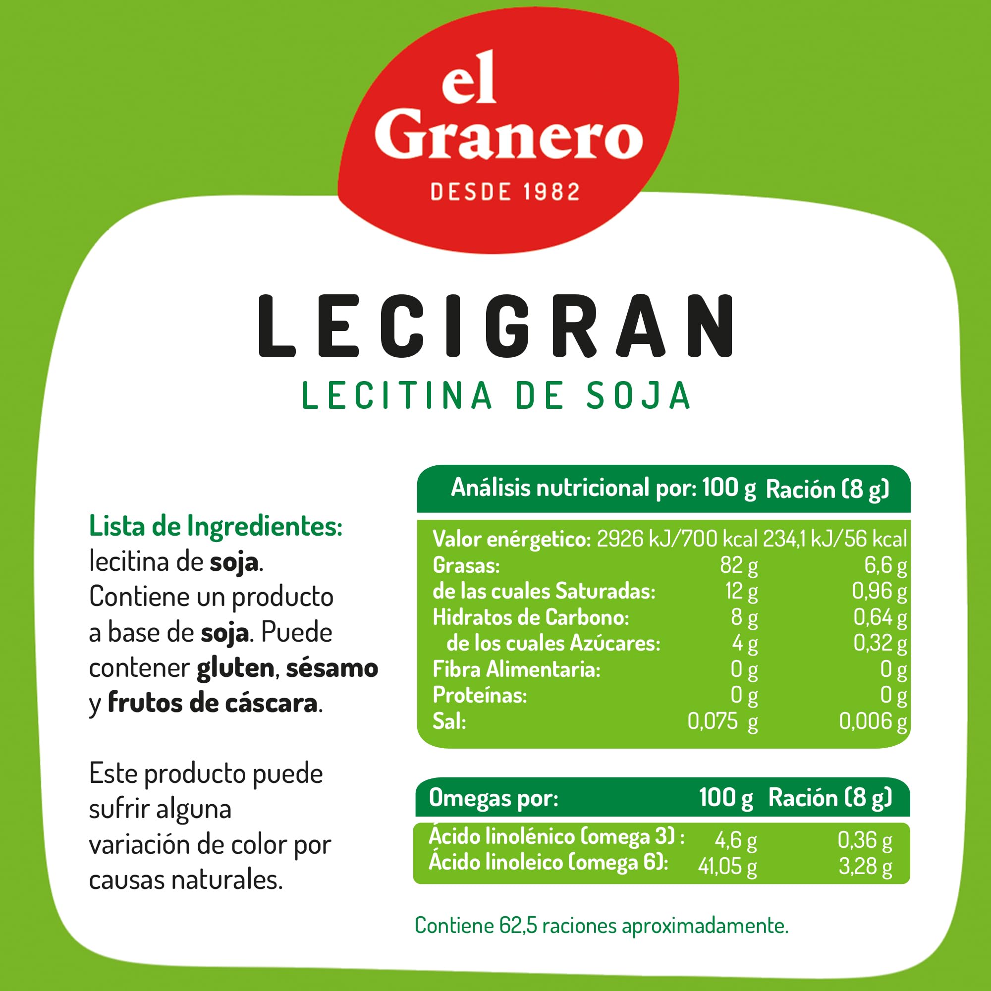 El Granero Integral Lecigran Lectina de Soja 500 g Rico en Vitaminas y Minerales No GM Vegano