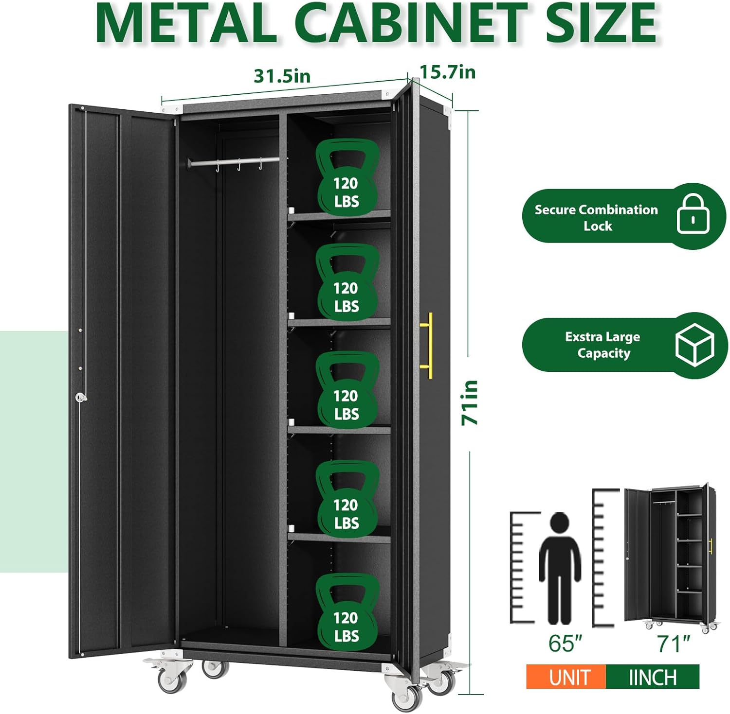 Ckzbx Metal Garage Storage Cabinet with Locking Doors and Adjustable Shelves,71" H Tool Cabinets on Wheels with Clothes Rail for Garage, Warehouse, Home Office (Black)