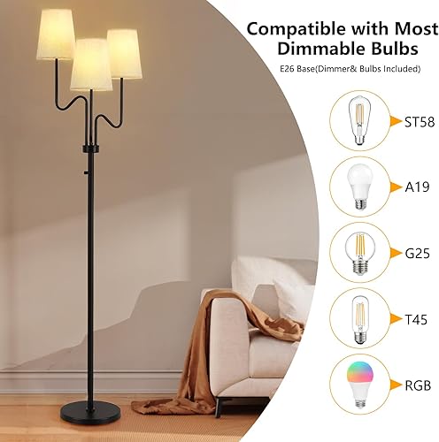 Miniatura 5 de 9MMML Lámpara de pie regulable de granja, lámpara de pie rústica de 3 luces con pantalla de tela, lámpara de pie de 68 pulgadas de alto para sala de
