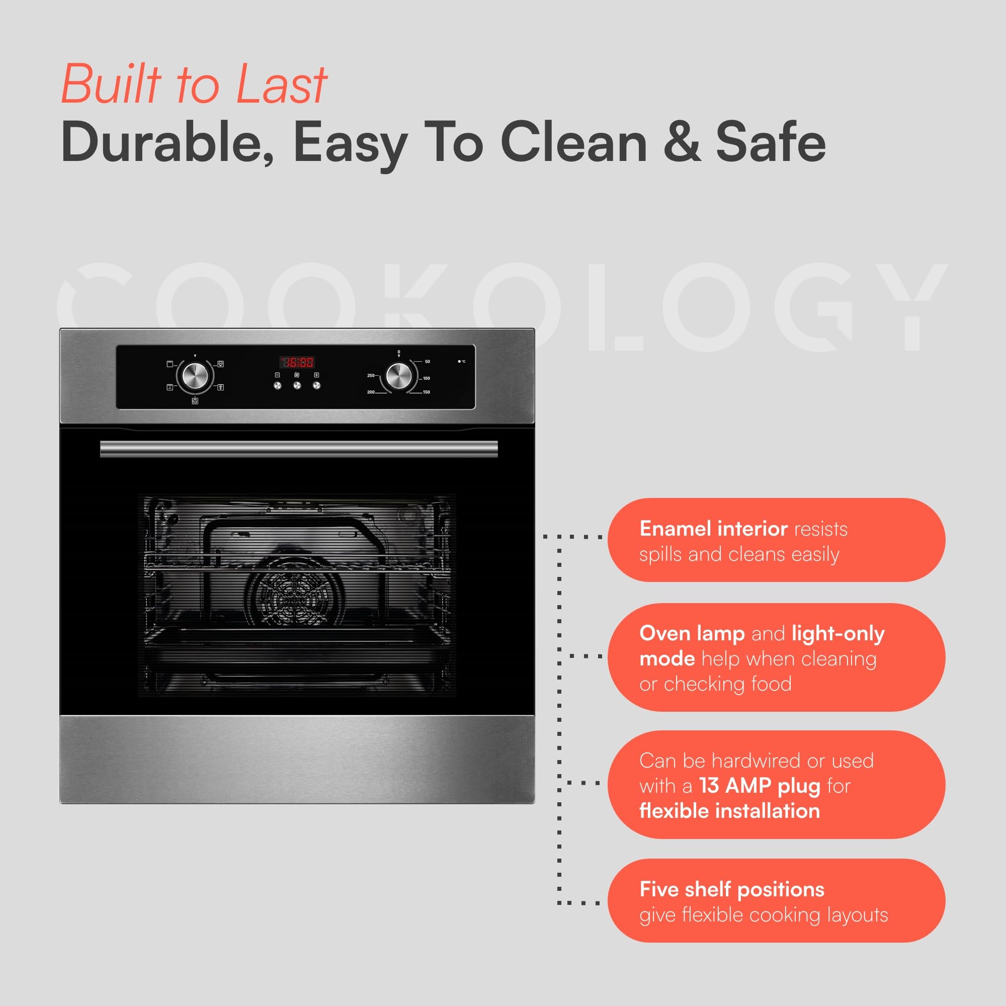 Cookology COF605S 60cm 65 Litre Capacity, Installed Built In Electric Fan Oven, Integrated Single Fan Oven with Mechanical Dial Timer and Grill - in Stainless Steel — view 6