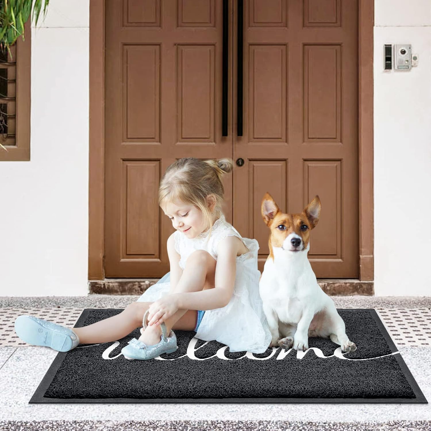 Door Mat Welcome Mats Outdoor Indoor Non-Slip Doormat for Entryway Low-Profile Floor Mat for Yard, Garage, High Traffic Areas (32"x20", Black)