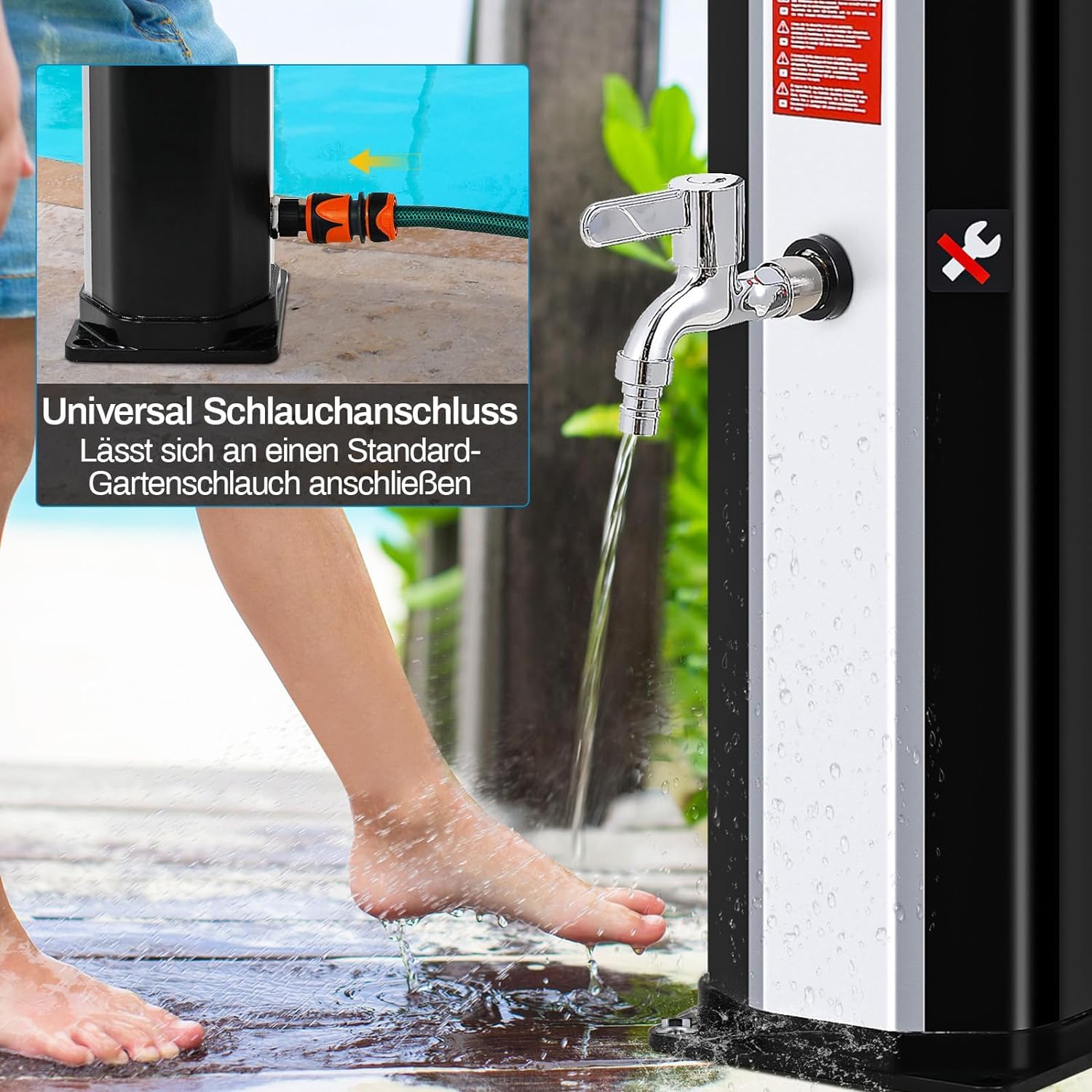 Prysznic solarny, ogrodowy prysznic 40 l, w zestawie głowica prysznicowa 360°, kran, przyłącze węża ogrodowego i osłona ochronna, 4 gwoździe do podłogi, prysznic basenowy, kemping, ciepła woda, do 60°