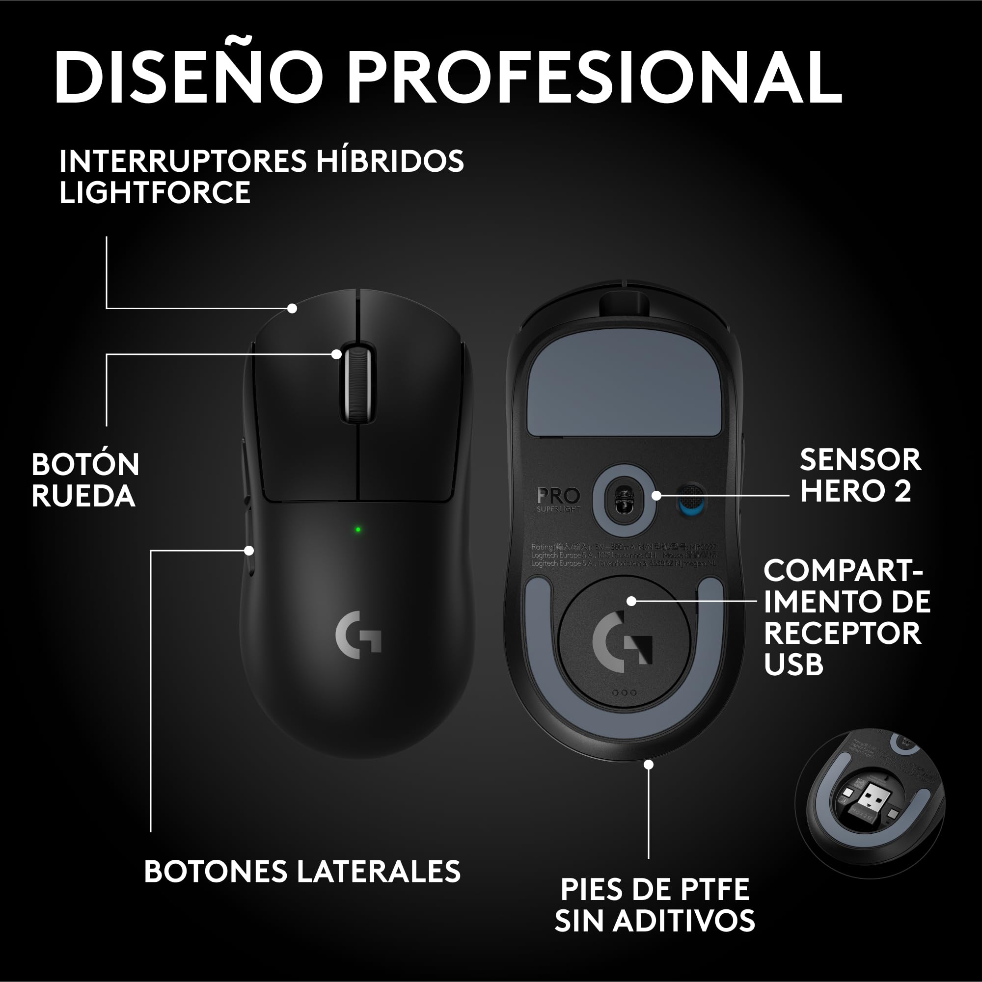 Logitech G Pro X Superlight 2 SE ratón inalámbrico para Gaming, 60 g, 5 Botones programables, Sensor de 44 000 dpi, Velocidad máxima >888 IPS, Velocidad de Respuesta de 1 kHz, USB-C, PC/Mac - Negro
