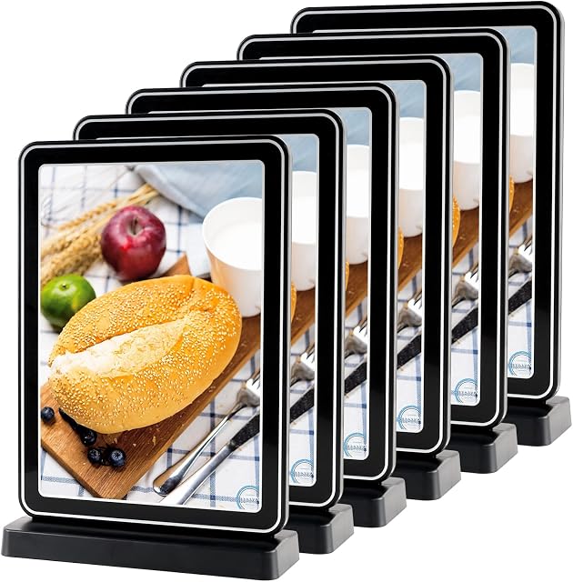 GUOKOFF A5 Sign Holder - Black x 6 Pack, T- Shape A5 Stands Menu Holder for Table, Vertical Double Sided Menu Holder, Poster Holder, Plastic Display Table Stands for Restaurant Hotel Company Shop