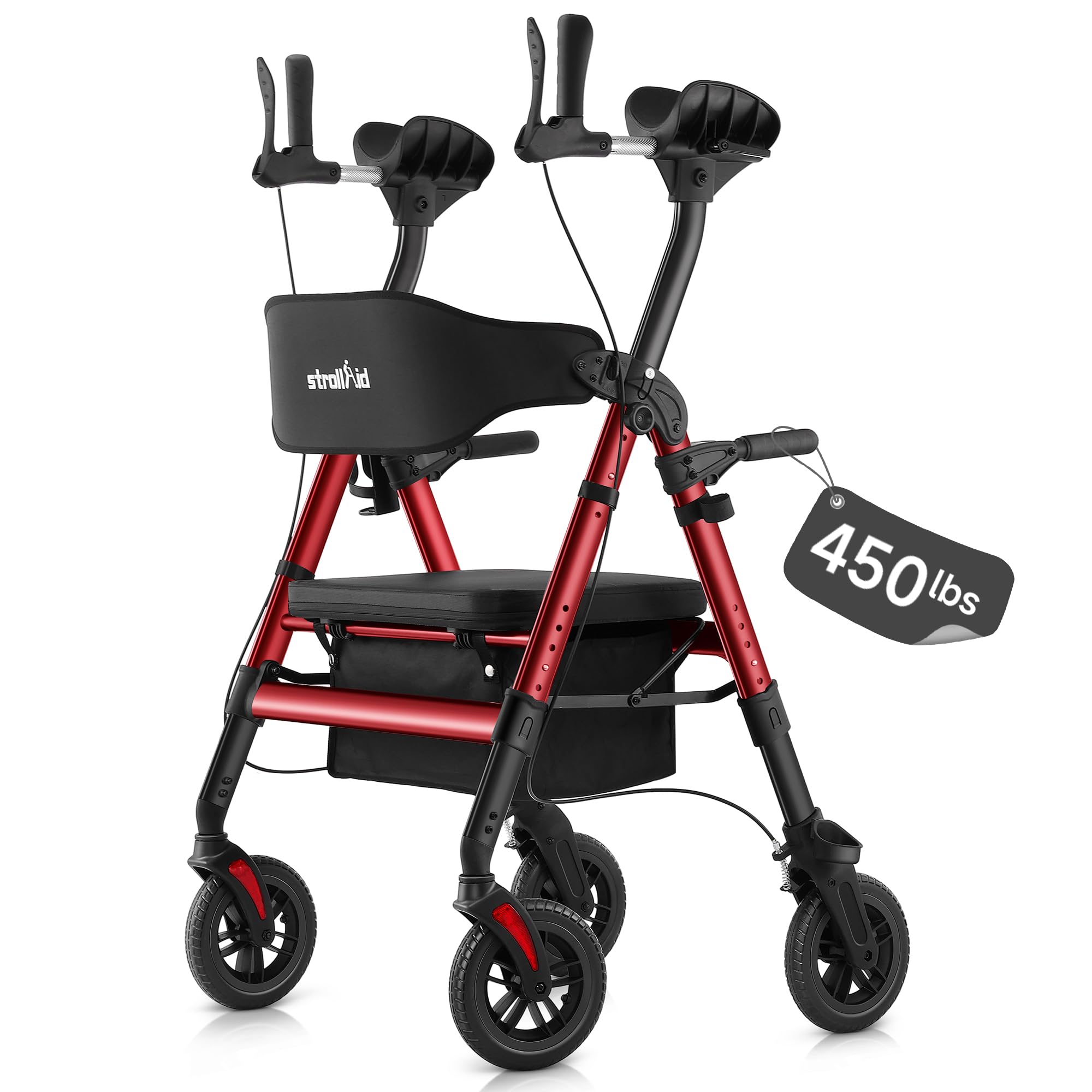Upright Walkers for Seniors, Stand Up Rollator Walker with Padded Seat and Backrest, Heavy Duty Forearm Rollator with Support Handrail, Holds up to 450 pounds, Compact Folding, Red