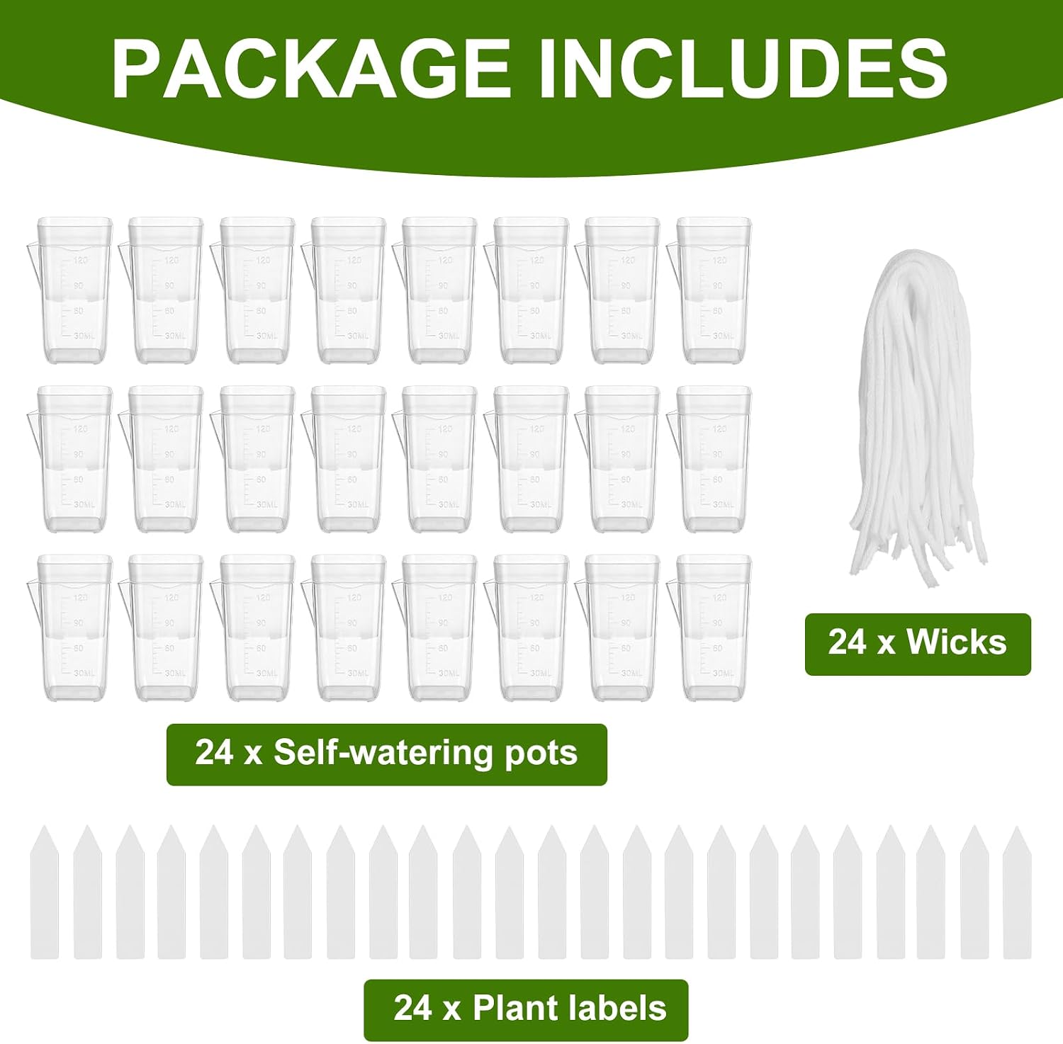 24 Pack 2" Small Self Watering Pots for Indoor Plants Mini Clear Plastic Planters with Water Level and Drainage Holes with Plant Labels and Wick Cord for Succulents, Propagation, and African Violet
