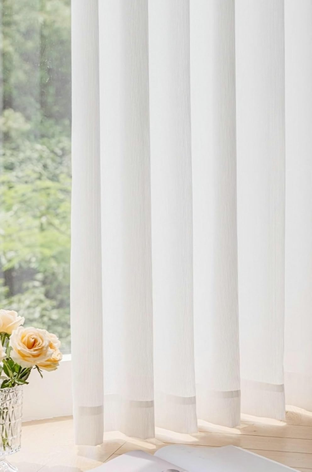 Curtain Voile Bedroom 2 Panel Set 45 inch Long, Polyester Sheer Curtains Hook Solid Color Vertical Stripes Texture Window Treatments for Living Room White, 42 x 45 Inch