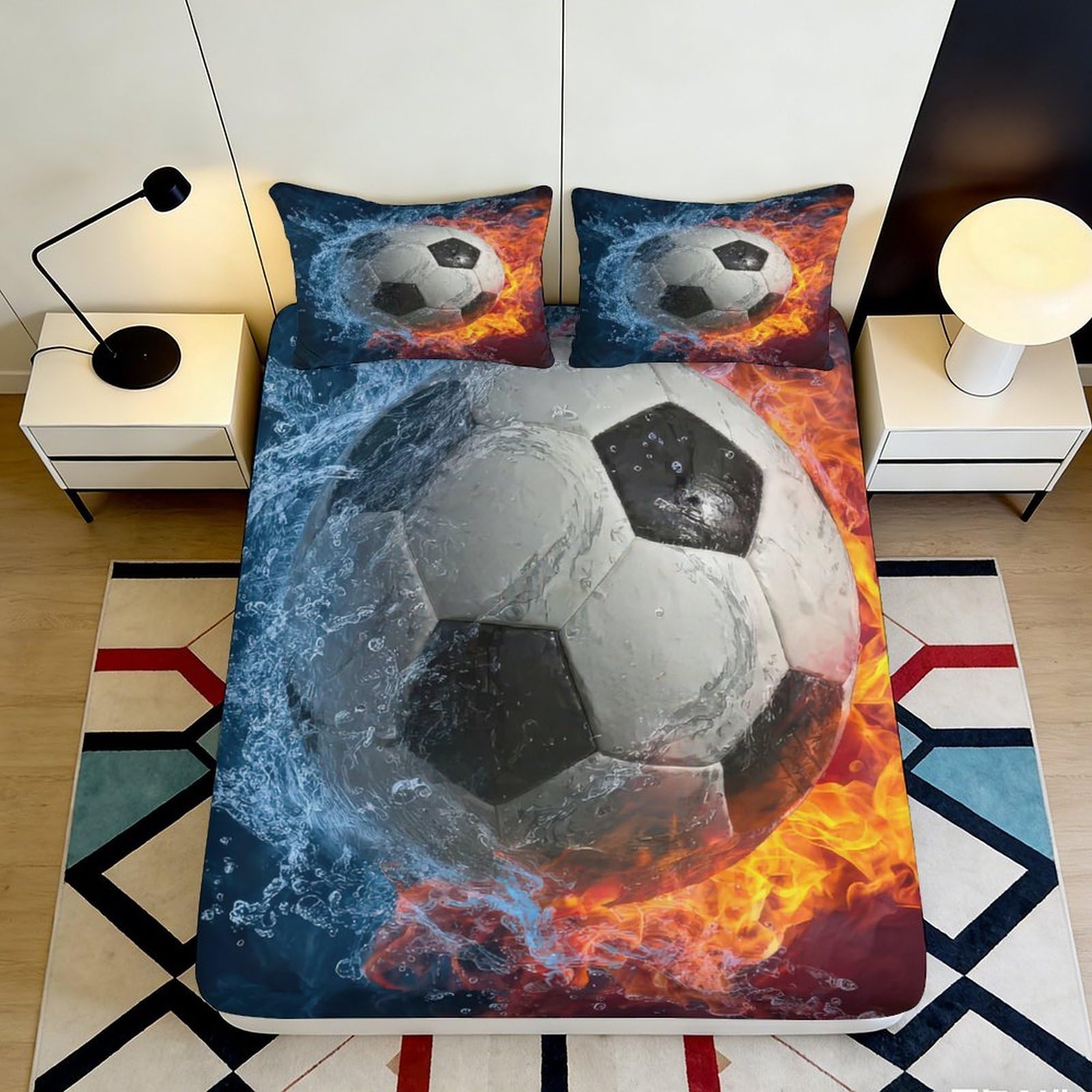 3D Printed Fire and Water Soccer Ball Fitted Sheet Microfiber Soft Breathable Football Bed Cover for Bedroom Dormitory Guest Room Mattress Protection Decor 120x200x25cm