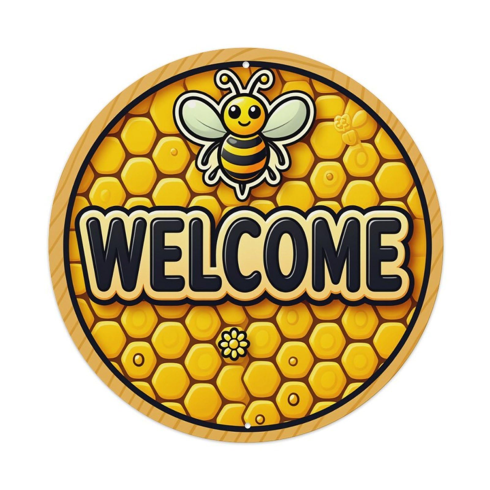 Honeycomb Bee Welcome Pattern Print Retro Metal Sign Round Tin Sign, Vintage Decor Art Poster for Bar, Home, Man Cave, Kitchen, Laundry Room Gift 8x8Inch