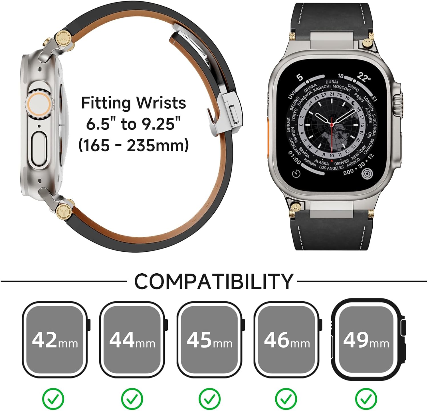 Leather Band Compatible for Apple Watch Ultra 3 2 Band 49mm 46mm 45mm 44mm 42mm , Men Luxury Genuine Leather Replacement Strap with Secure Metal Connector & Folding Clasp for iWatch Series 11 10 9 8 7 6 5 4 SE 3 2 1 ，Vintage Full-Grain Leather Watch Band