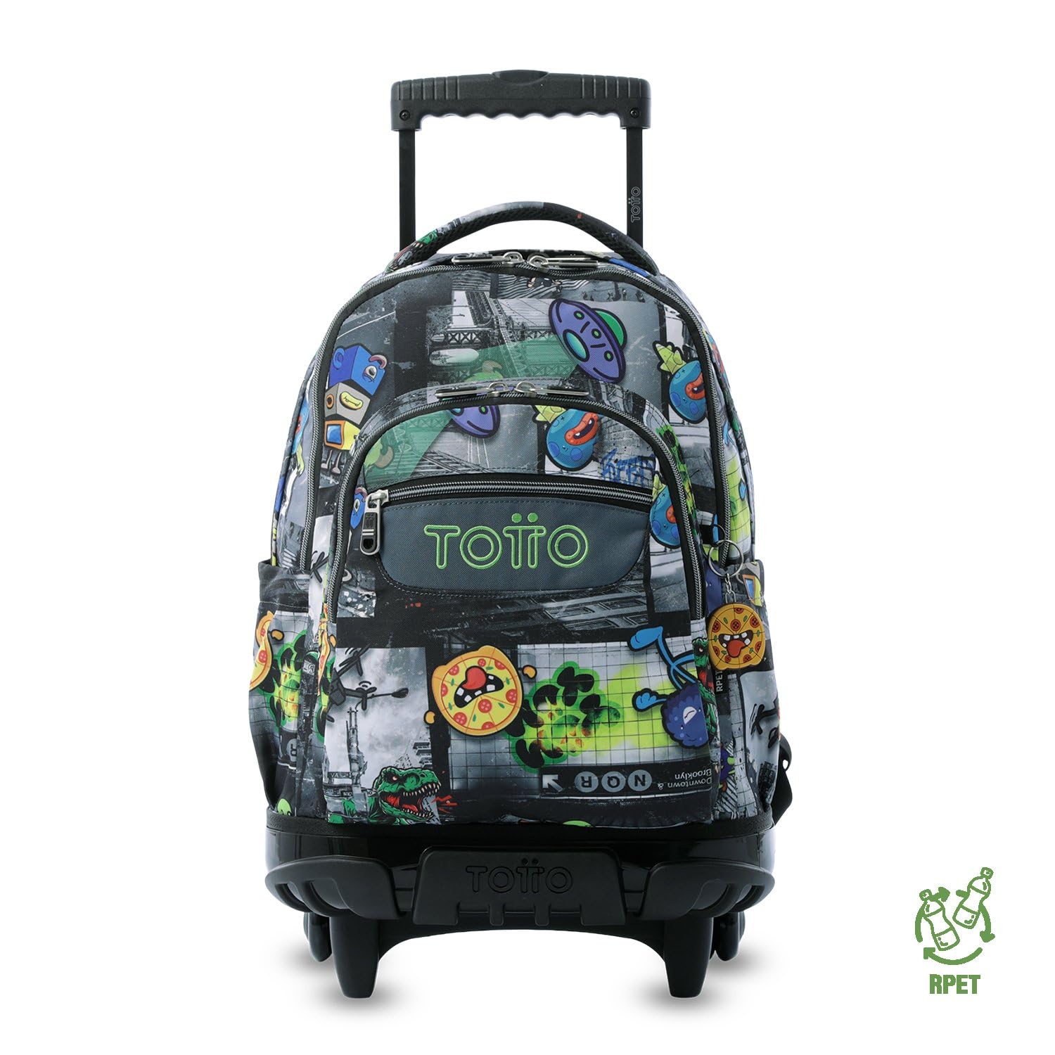 TOTTO - Mochila Escolar con Ruedas, Modelo Renglones, Capacidad 26,21 Litros, Bolsillo para PC 14", Bolsillo Botella, Correas en S para Mayor Comodidad, Resistente, Estampado Rolly Negro