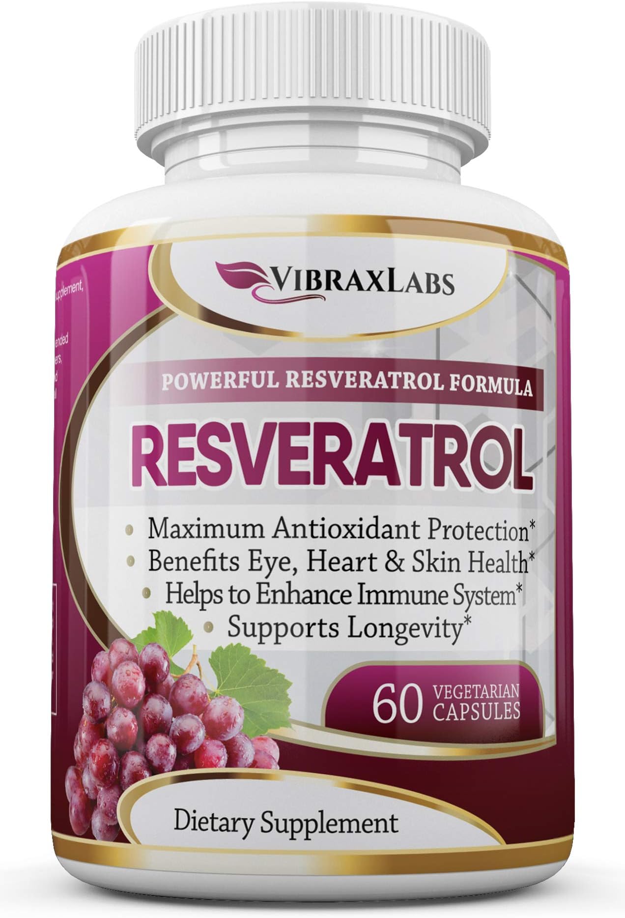 100% Pure Resveratrol - 1000mg Capsules Without Proprietary Blends - Natural Anti Aging Support & Antioxidant Supplement for Immune, Skin & Heart Health - 60 Veggie Caps, 30 Day Supply
