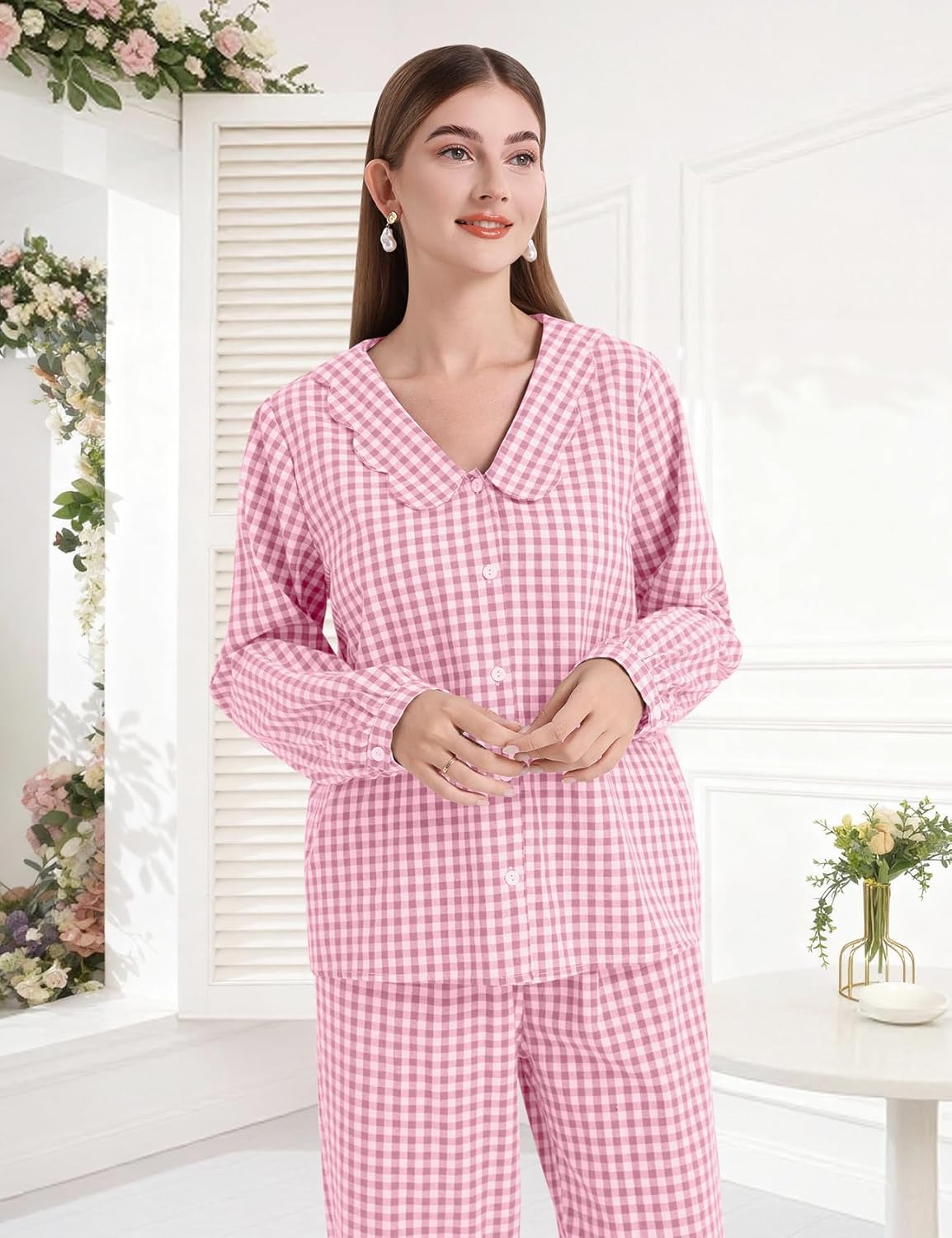 PEHMEA Women's Plaid Pajamas Set 2 Piece Cotton Gingham Sleepwear Puff Sleeve Scalloped Babydoll Shirt Lounge Pj Sets(Pink-M)