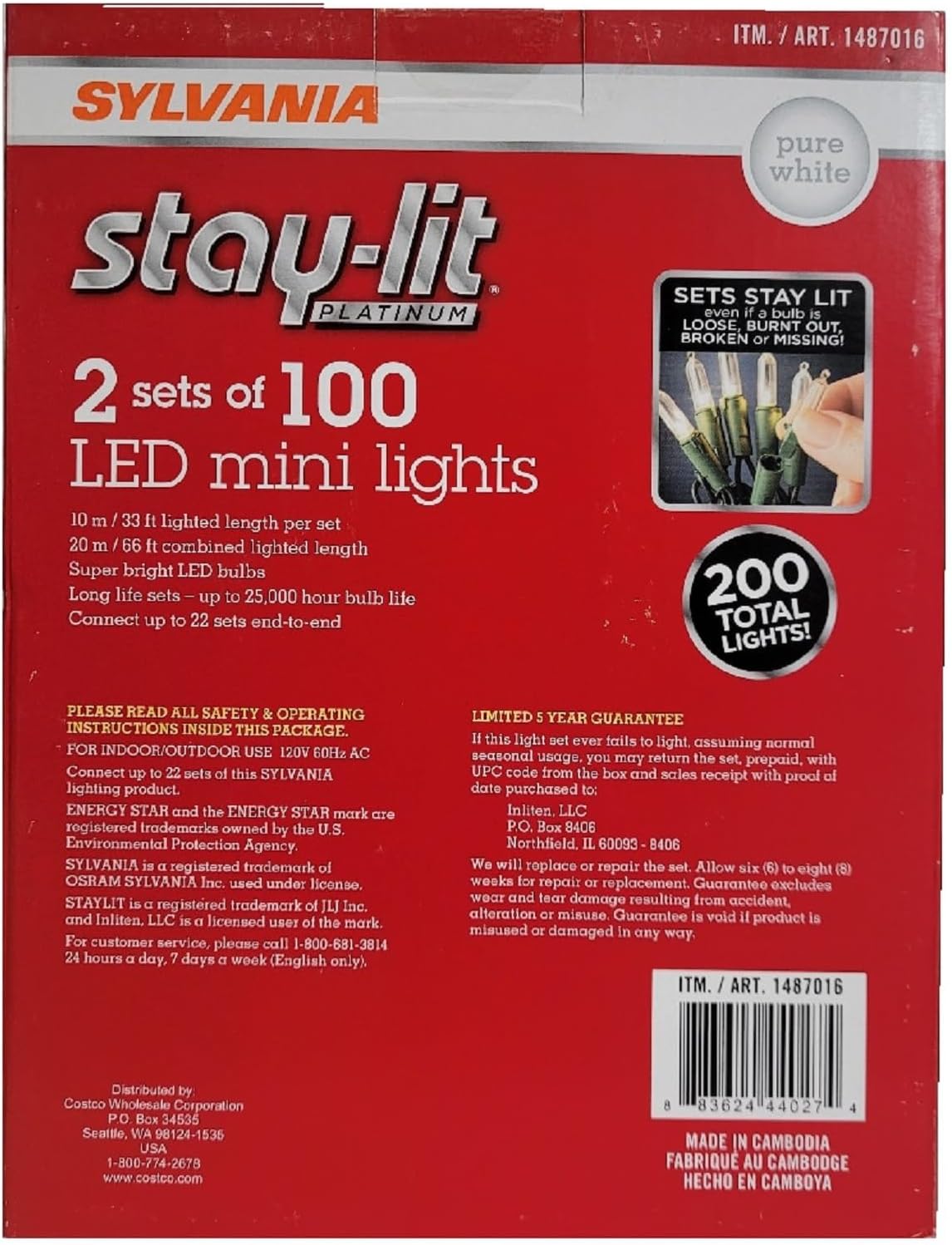 Back of the Sylvania Stay-Lit Platinum LED Mini Lights product box with specifications and warranty information.