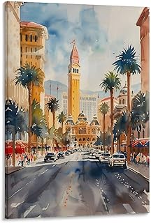 ZJLAMZ Las Vegas Watercolor Painting Travel Poster Wall Art Print Las Vegas Home Décor Nevada Art Gift for Art Lovers Canvas Poster Wall Art Print Frame 12x18inch(30x45cm)