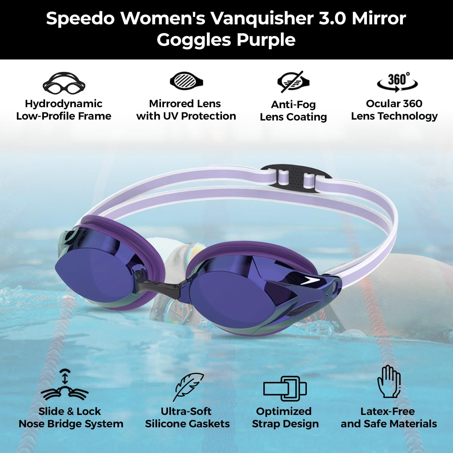 Speedo Women’s Vanquisher 3.0 Mirror Swim Goggles | Anti-Fog, UV Protection, Ocular 360 Lens, Women’s Racing Fit