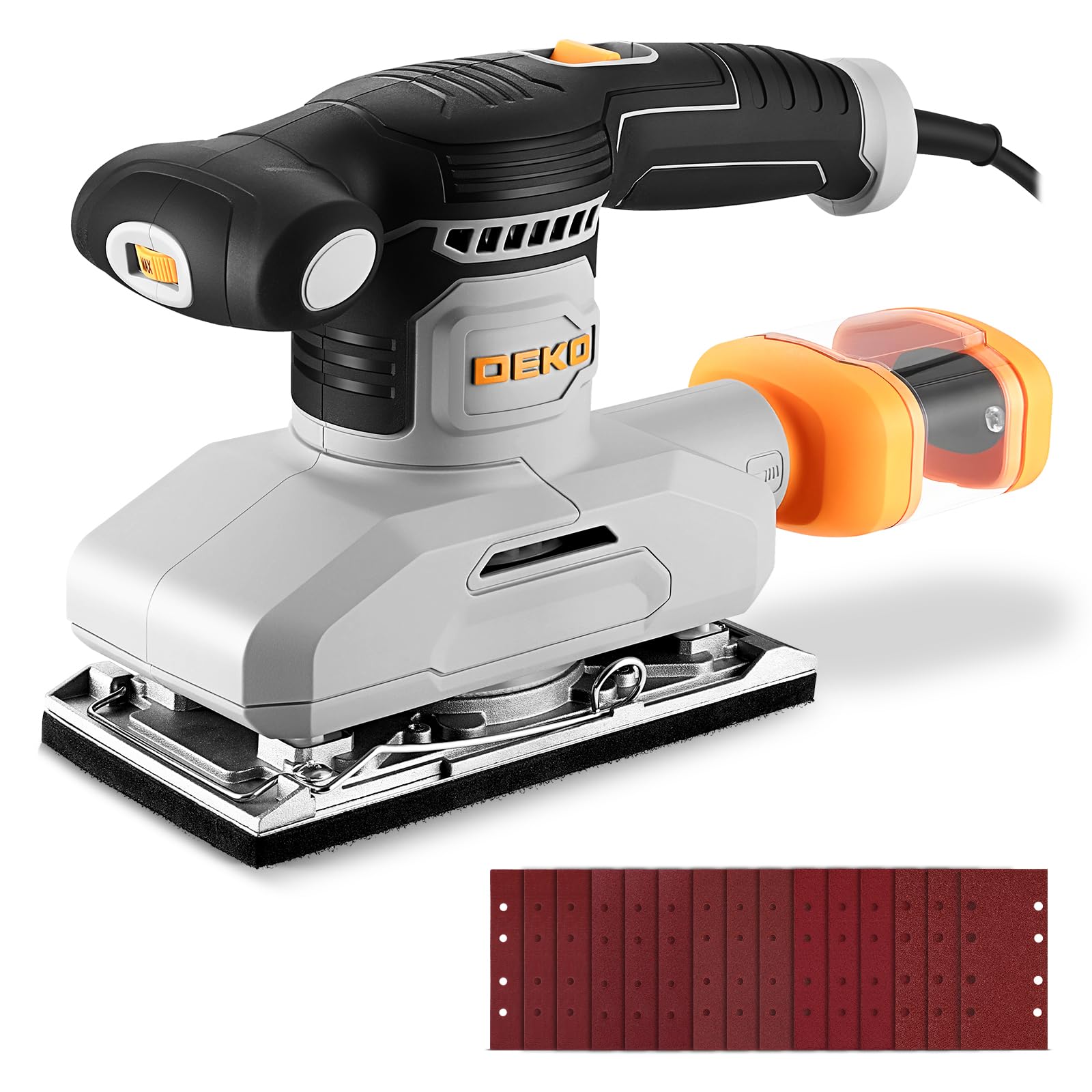 DEKOPRO Levigatrice orbitale da 280 W, 6 velocità, disco abrasivo da 90 x 187 mm, include 15 fogli abrasivi, adatta per progetti di bricolage in legno