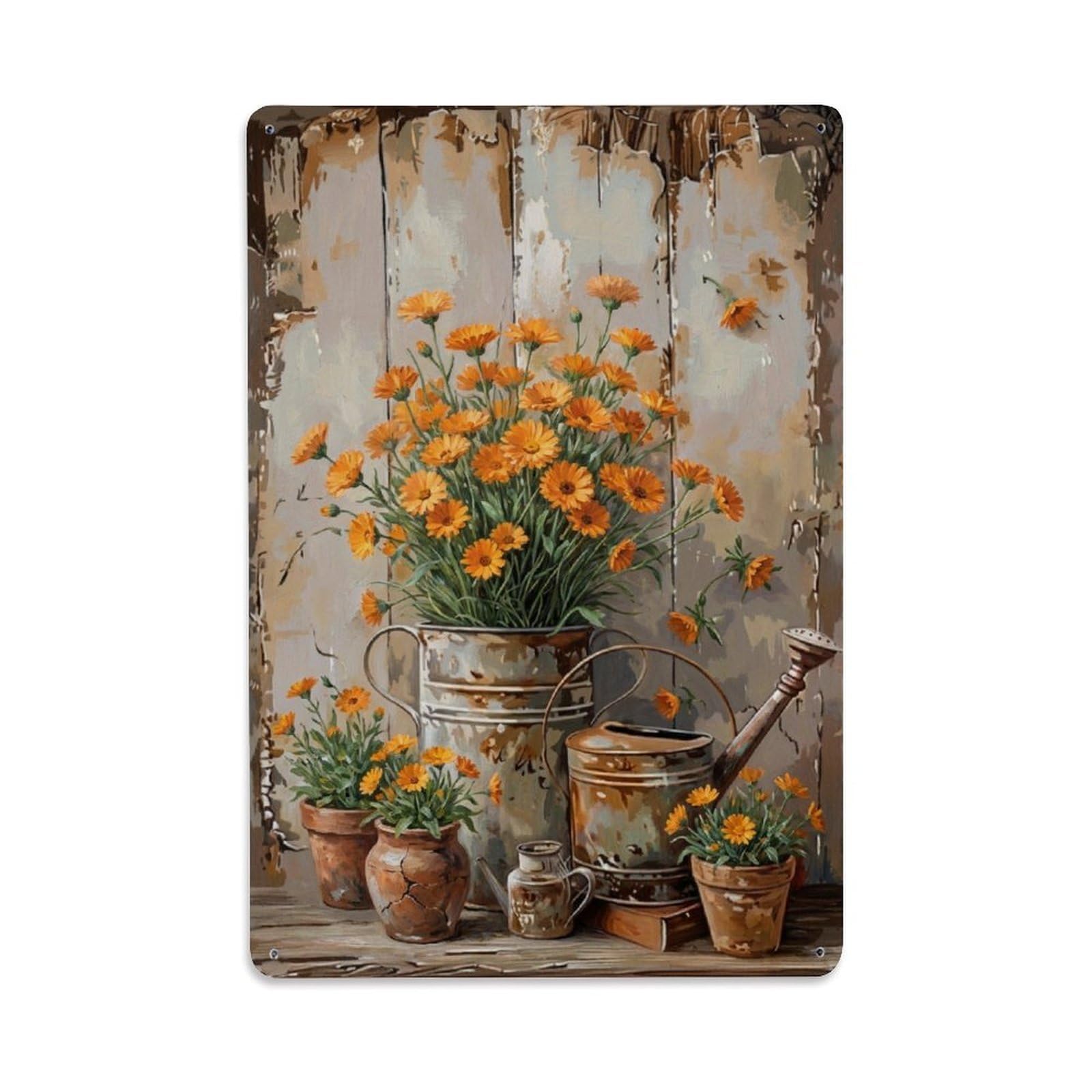 Vintage Flower Bunch Calendula Pastoral Aesthetics Metal Tin Sign