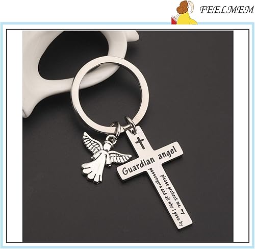 Miniatura 3 de FEELMEM Llavero de cruz de oración de ángel de la guarda Protéjame a mis pasajeros conducir seguro oración regalo