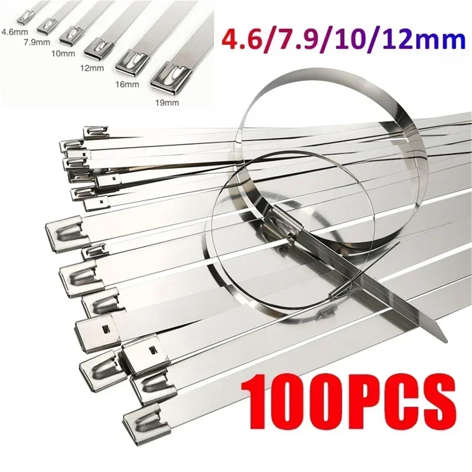 Bridas metálicas de Acero Inoxidable, Bridas for Cables de Acero Inoxidable 304, 100 Piezas, 4,6-12 mm x 100-600, autoblocantes(7.9mm,600mm)