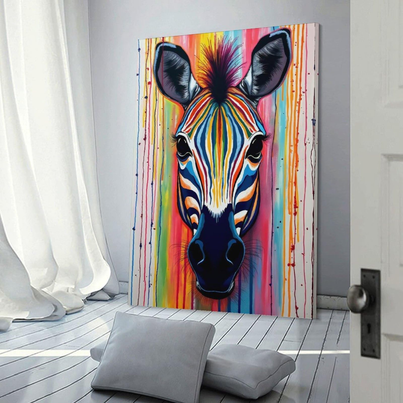 Junmoney Rainbow Zebra Portrait Hanging Wall Art, 24x36inch(60x90cm), for New Homes, Bedrooms Or Workspaces, Thoughtful Wall Decor for Art Lovers