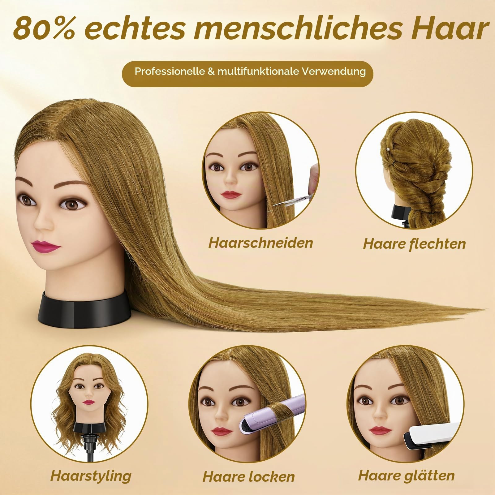 Frisierkopf,80% Puppenkopf Echthaar Blonden Haare,24 Zoll Puppe Übungskopf zum Frisieren,Trainingskopf Friseur Frisuren Puppe mit Tischklemme & Flechtset,Styling Mannequin Kopf für Friseur