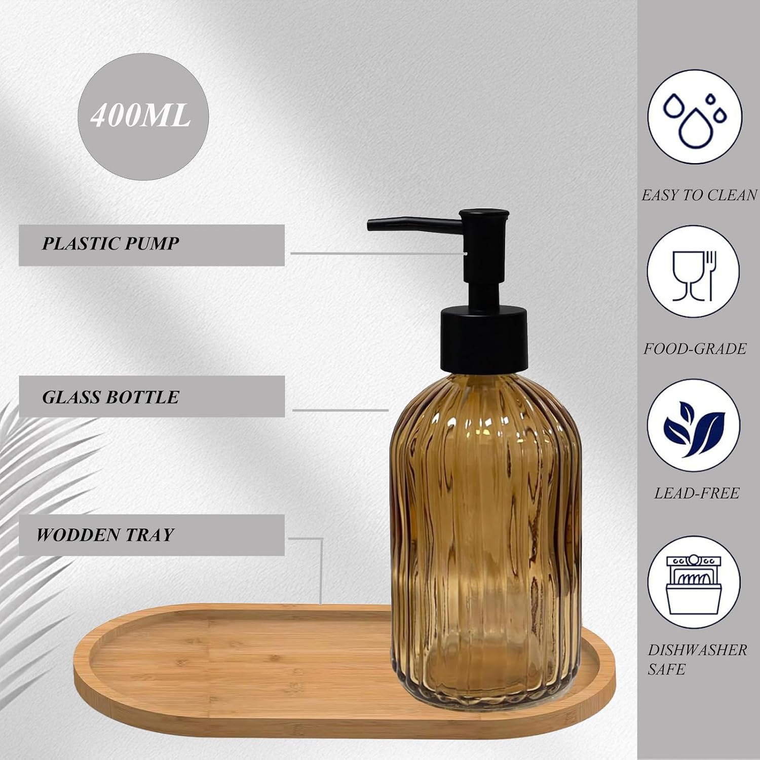 Brown Glass Hand and Dish Soap Dispenser Set, Plastic Pump, Bamboo Tray image 4