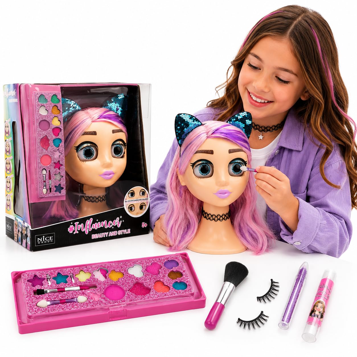 Palmitessa Testa da Truccare e Pettinare con Occhi Cambia Colore per Bambine Influenzare Trucchi, Influencer Make Up Doll, Multicolore, Taglia Unica, Nuova Edizione