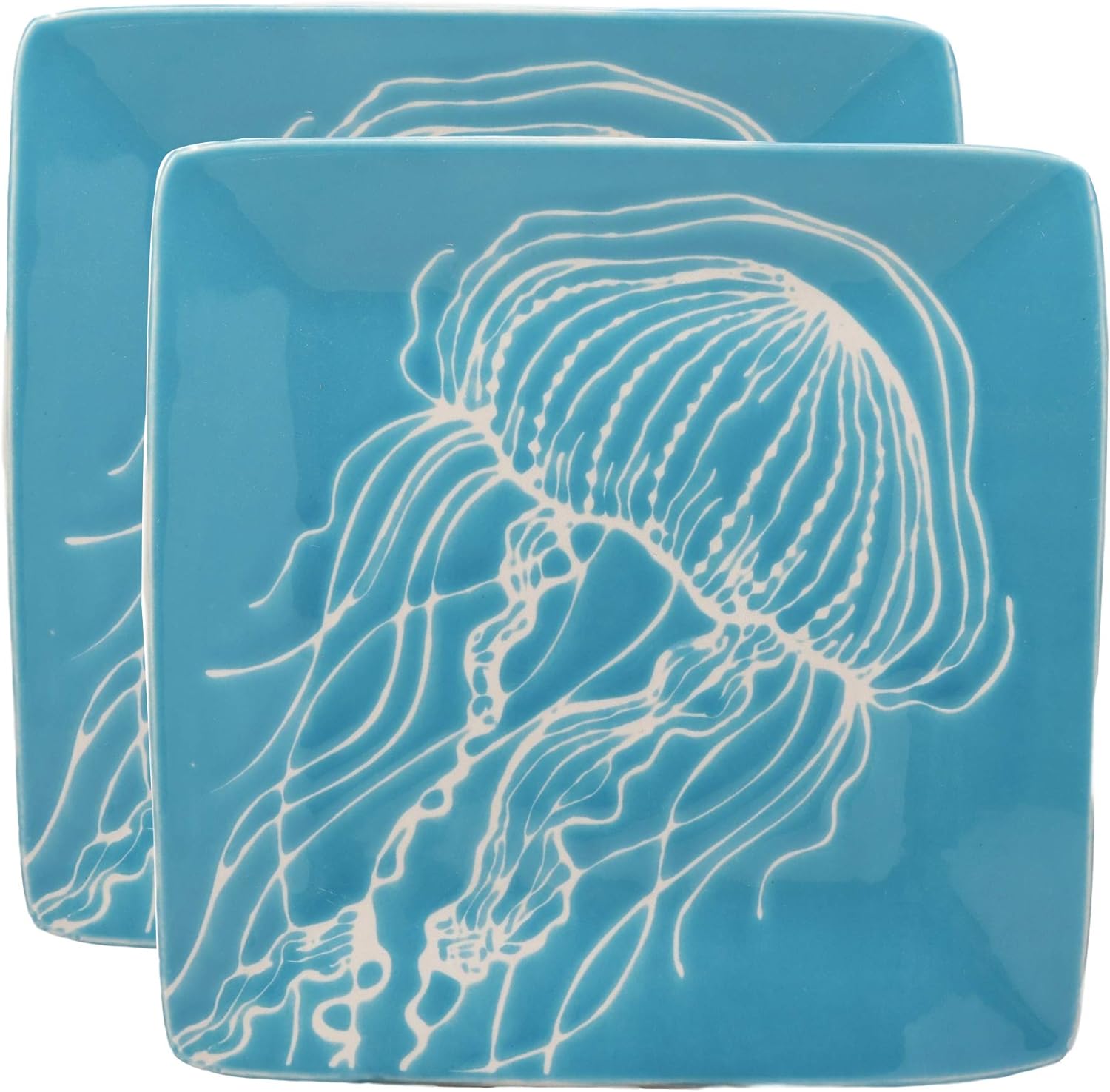 Ebros Nautical Coastal Ocean Sea Marine Jellyfish Abstract Art Soothing Blue Salad Or Appetizer Or Dessert Plate Set of 2 Square 8.5" Plates Dishwasher Microwave Safe Jelly Fish Dinnerware Dishes