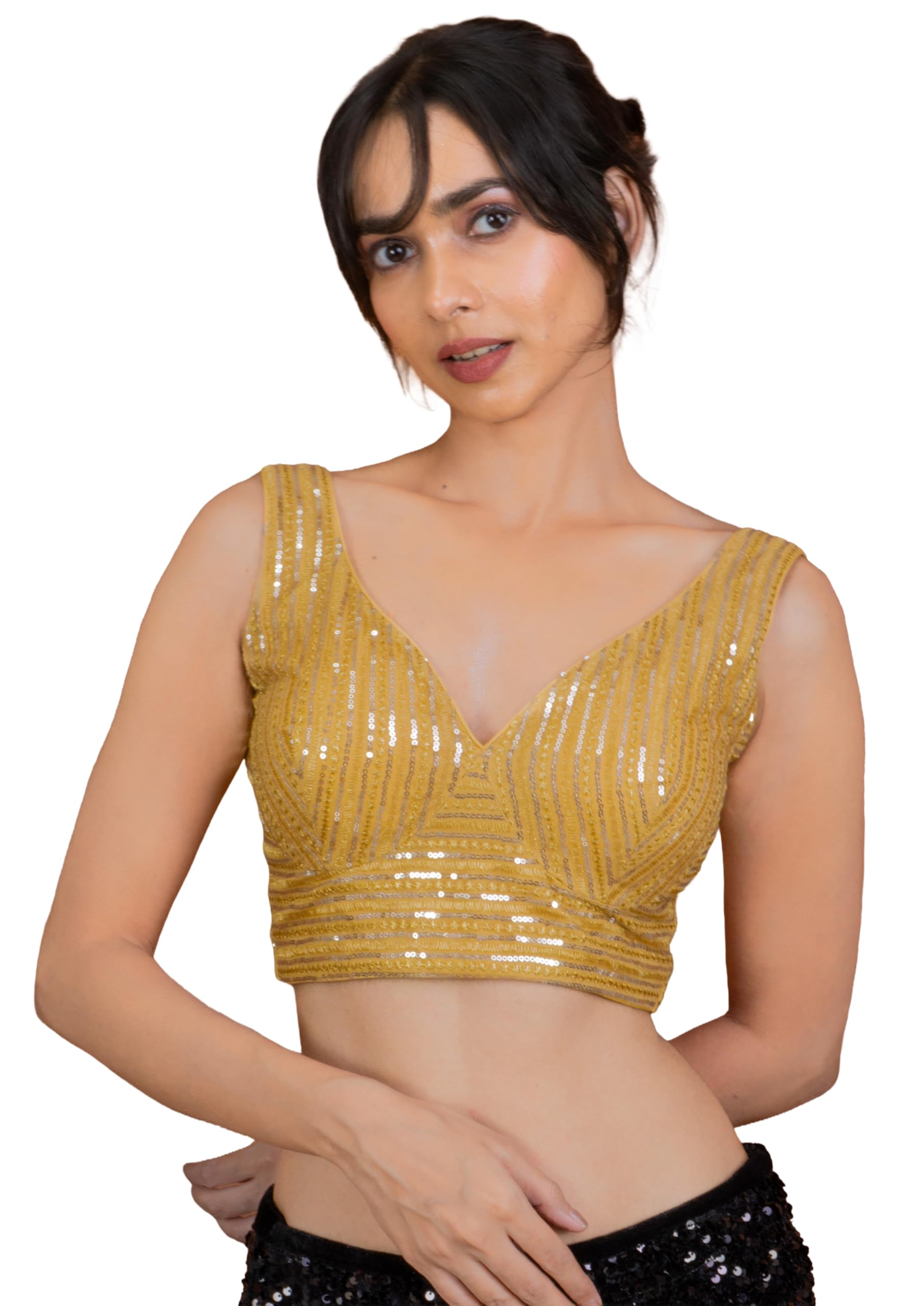 FIGURE'S DESIGNER Women's Sequin Embroidered SabyaSachi Cut Sweetheart V Neck Sleeveless Readymade Saree Blouse E30