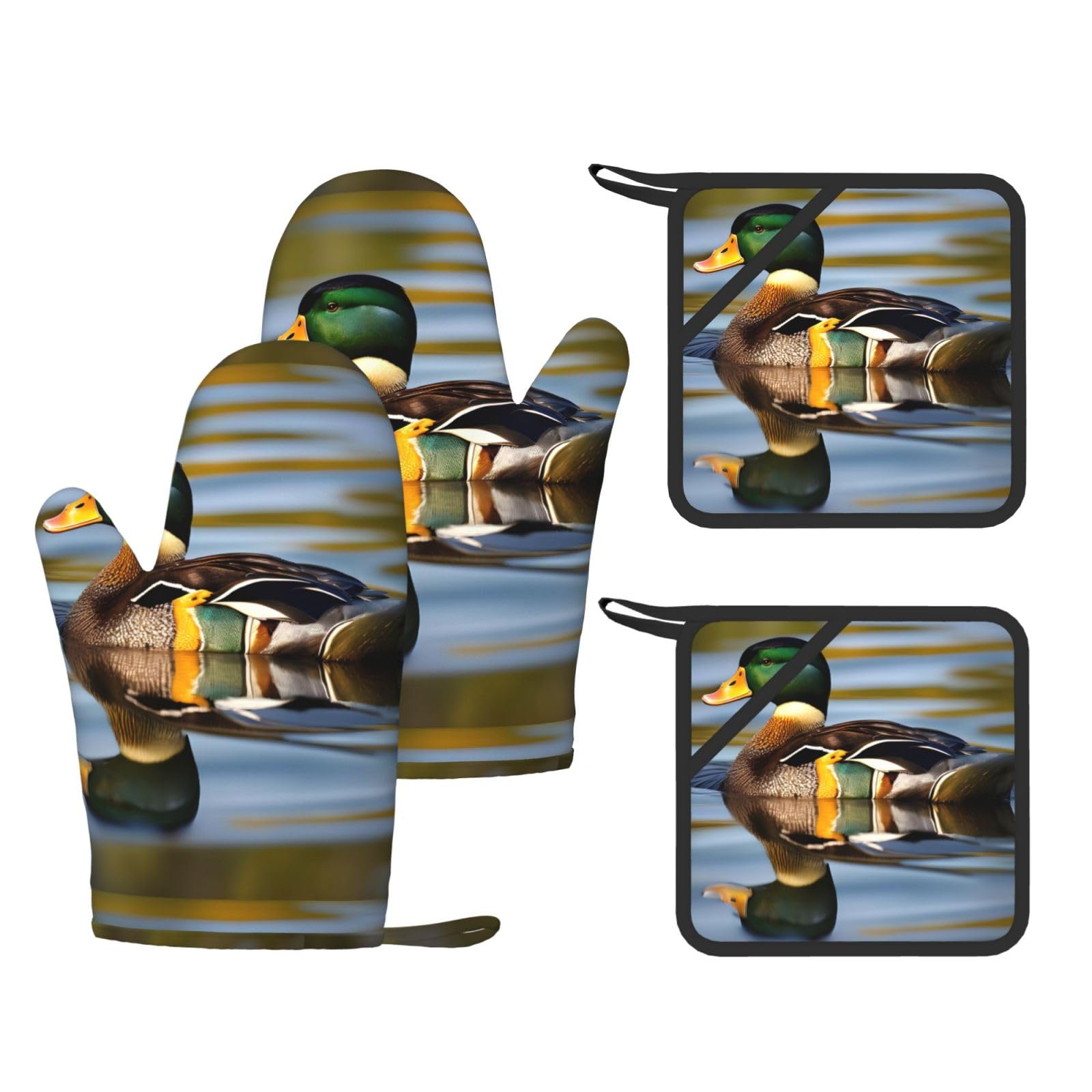 Mallard Duck Print Kitchen Heat Resistant Set,Cooking Kit With Hanging Loop For Baking & Bbq